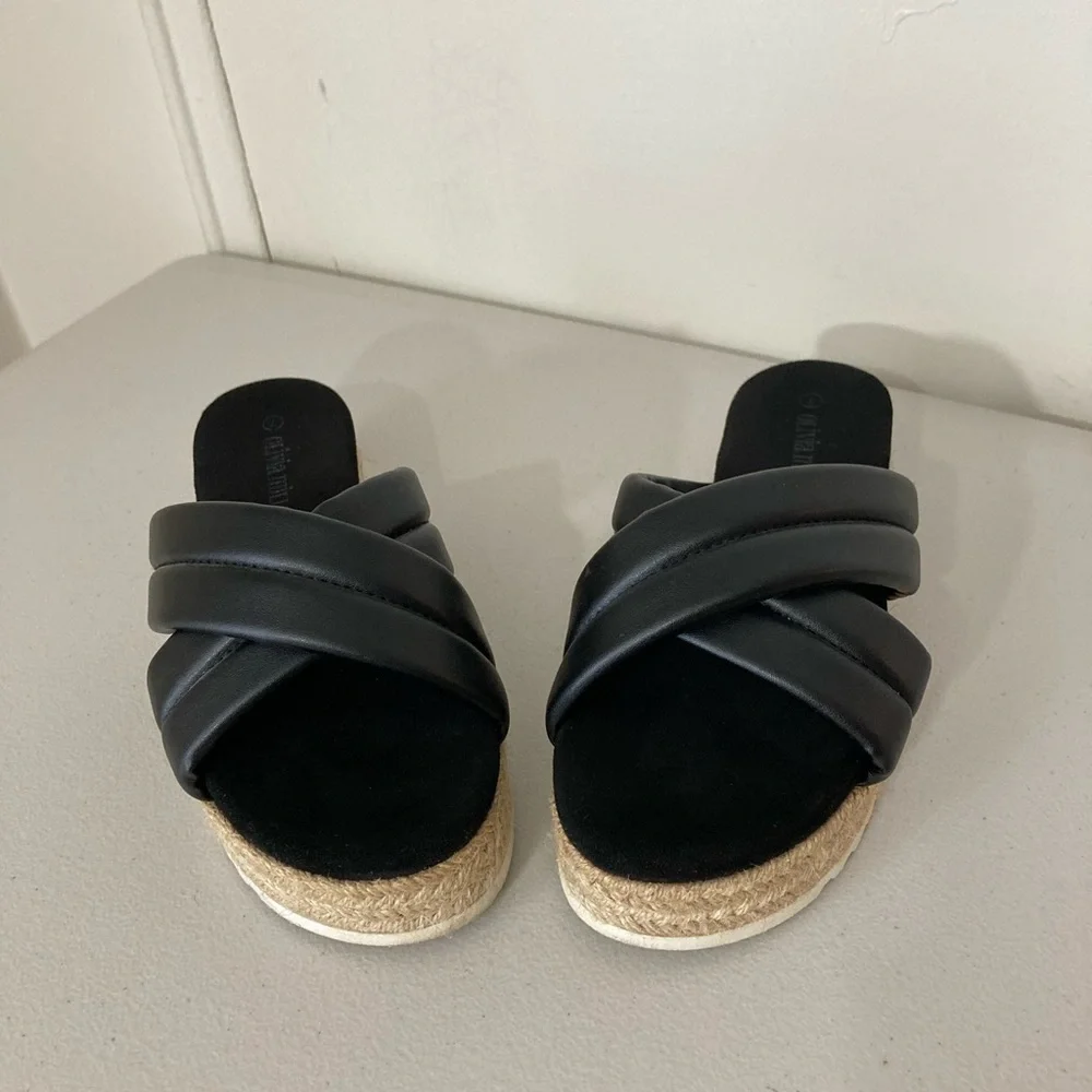 Olivia Miller Women's Black Faux Leather River Platform Slides Sandals